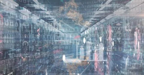 Image of digital icons, data processing and binary coding over empty computer Stock Illustration