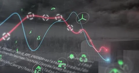 Image of digital icons, data processing and glowing graphs against aerial view イラスト素材