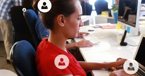 Image of digital icons with data processing over caucasian businessman in office Stockfoto's