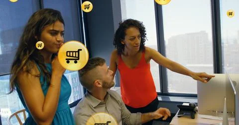 Image of digital icons with data processing over diverse business people in 写真素材