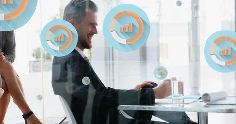 Image of digital icons with data processing over caucasian businessman in office 写真素材