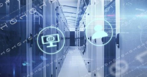 Image of digital icons, data processing and binary coding against server room Stock Photos