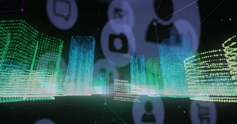 Image of digital icons, data processing and network of connections against 3d Stock Photos