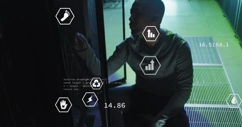 Image of digital icons, data processing on african american male engineer Foto stock