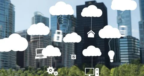 Image of digital icons hanging to multiple clouds against tall buildings Fotos de archivo