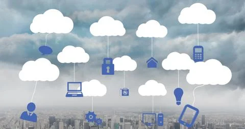 Image of digital icons hanging to multiple clouds against aerial view of Foto stock