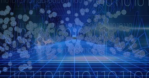 Image of digital icons over binary coding on blue background Stockillustratie