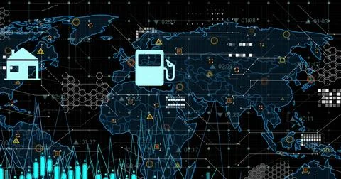 Image of digital icons over data processing and world map against black Illustrazione stock