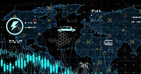 Image of digital icons over data processing and world map against black Ilustração Stock