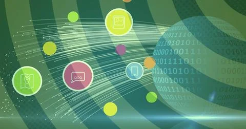 Image of digital icons over globe with binary coding on green background Stock Illustration