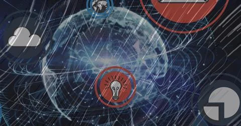 Image of digital icons over globe with network of connections in background Stock Illustration