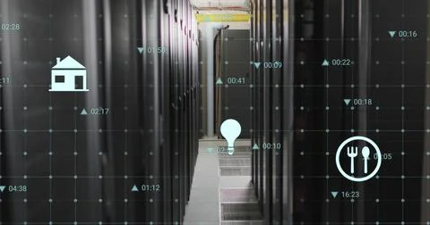 Image of digital icons over grid network against computer server room Stock Illustration