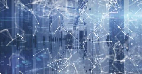 Image of digital icons over network of connections against empty computer server Stock-Illustration