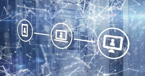 Image of digital icons over network of connections against empty computer server Stock Illustration