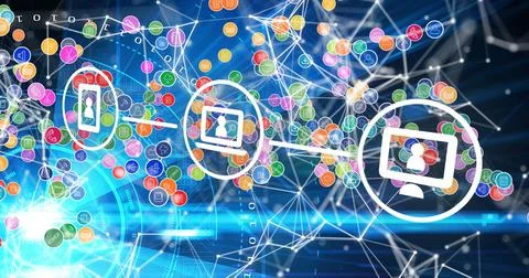 Image of digital icons over network of connections in background Illustrazione stock