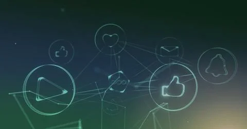 Image of digital icons over network of connections on blue background Illustrazione stock