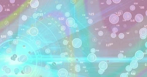 Image of digital icons over scope scanning on multi coloured background Stockillustratie