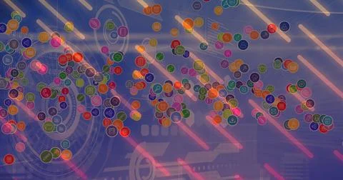 Image of digital icons over scopes scanning and data processing in background Stock Photos