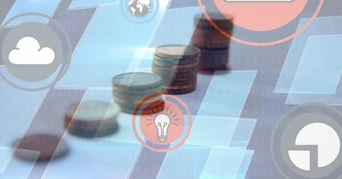 Image of digital icons over stacks of coins and binary coding in background Stock Illustration