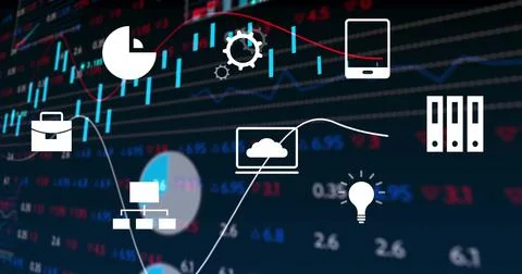 Image of digital icons over statistical and stock market data processing against Ilustração Stock