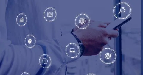 Image of digital icons processing over caucasian businessman using tablet Stock Photos