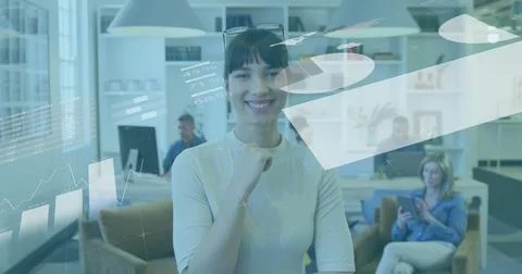 Image of digital infographic interface over portrait of asian happy woman Stock Photos