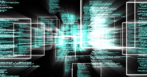 Image of digital information and white square on black background Illustrazione stock