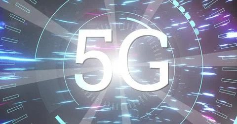 Image of digital interface with 5G network of connections and scope in glowing Stock Illustration