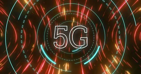 Image of digital interface with 5G network of connections and scope in glowing Illustrazione stock