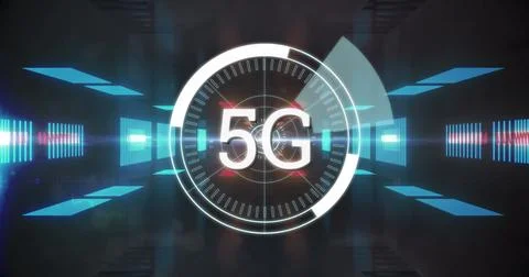 Image of digital interface with 5G network of connections and scope in glowing Illustrazione stock