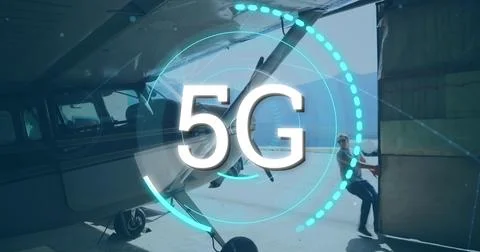 Image of digital interface and 5g text over plane Foto stock