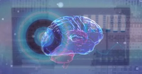 Image of digital interface and brain and data processing over cityscape Fotos de archivo