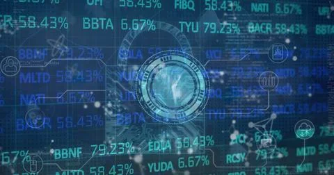 Image of digital interface and clock over blue background Stockillustratie