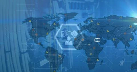 Image of digital interface and data processing over world map on blue background Stock Illustration
