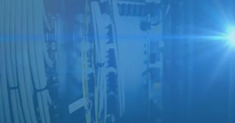 Image of digital interface and data processing over world map on blue background Illustrazione stock