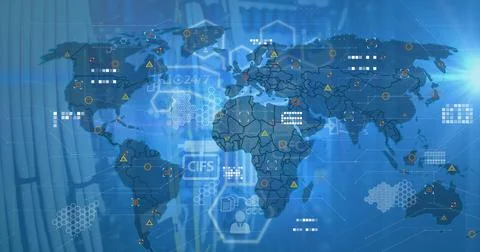 Image of digital interface and data processing over world map on blue background 스톡 일러스트