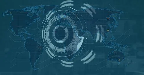 Image of digital interface and data processing over world map on blue background Stock Illustration