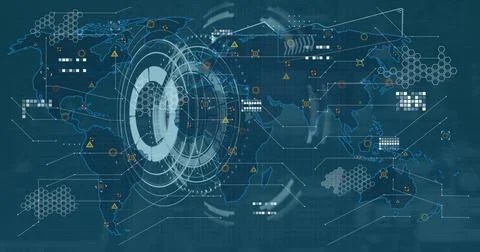 Image of digital interface and data processing over world map on blue background イラスト素材