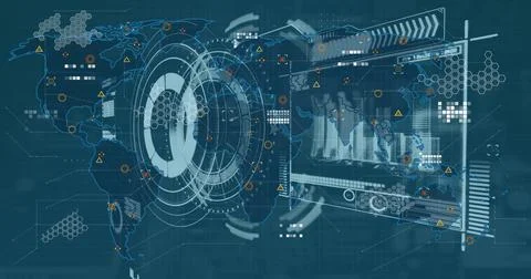 Image of digital interface and data processing over world map on blue background Stock Illustration