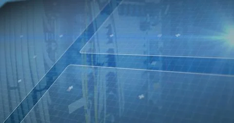 Image of digital interface and data processing over blue background Stockillustratie