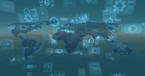 Image of digital interface and data processing over world map on blue background Illustrazione stock