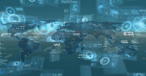Image of digital interface and data processing over world map on blue background Stock Illustration