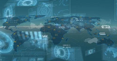 Image of digital interface and data processing over world map on blue background Stock Illustration