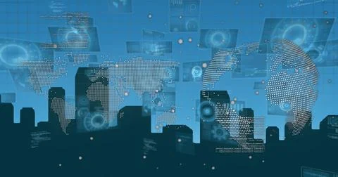 Image of digital interface and data processing over cityscape on blue background Stockillustratie