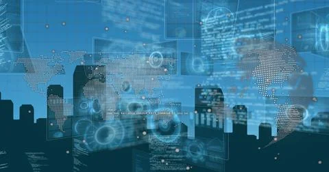 Image of digital interface and data processing over cityscape on blue background Stock Illustration