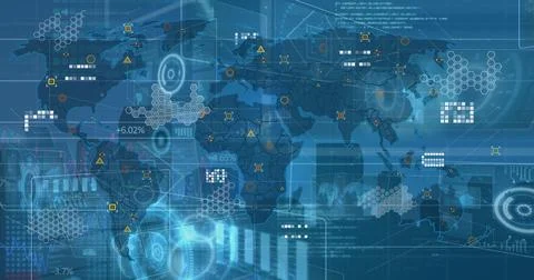 Image of digital interface and data processing over blue background Stock Illustration