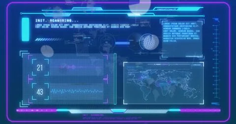 Image of digital interface and data processing over blue background 库存插图