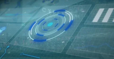 Image of digital interface and data processing on screens over blue background Stock Illustration