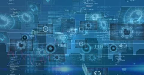Image of digital interface and data processing on screens over blue background Stockillustratie