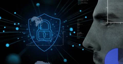 Image of digital interface and data processing with online security padlock over イラスト素材